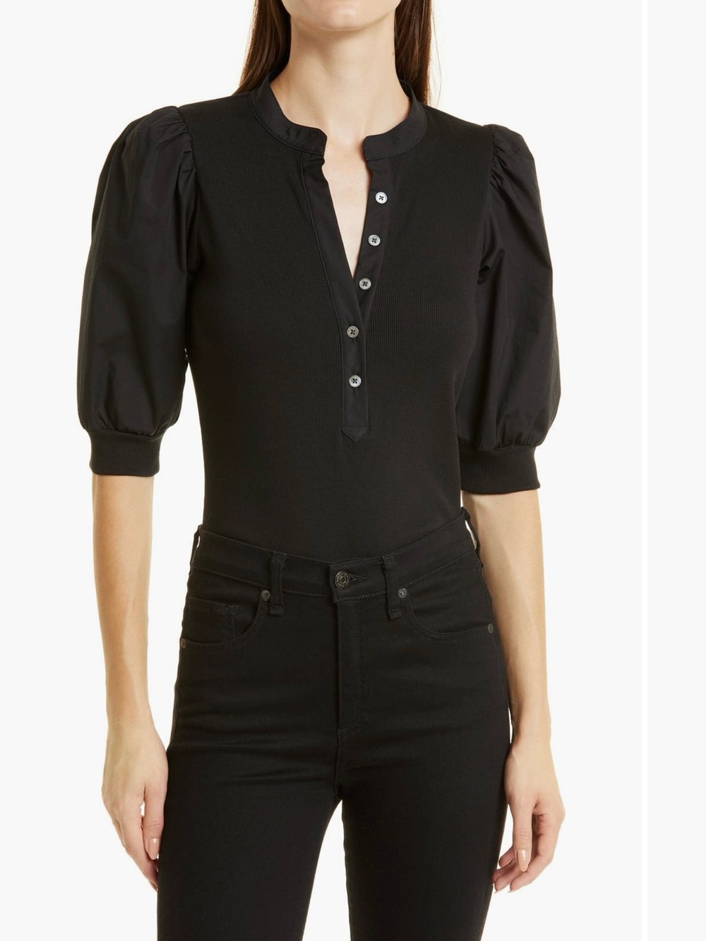 Veronica Beard Black Puff-Sleeve Henley Blouse with ribbed body